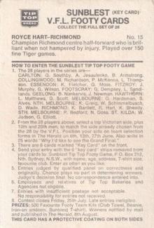 1975 Tip Top VFL Footy #15 Royce Hart Back